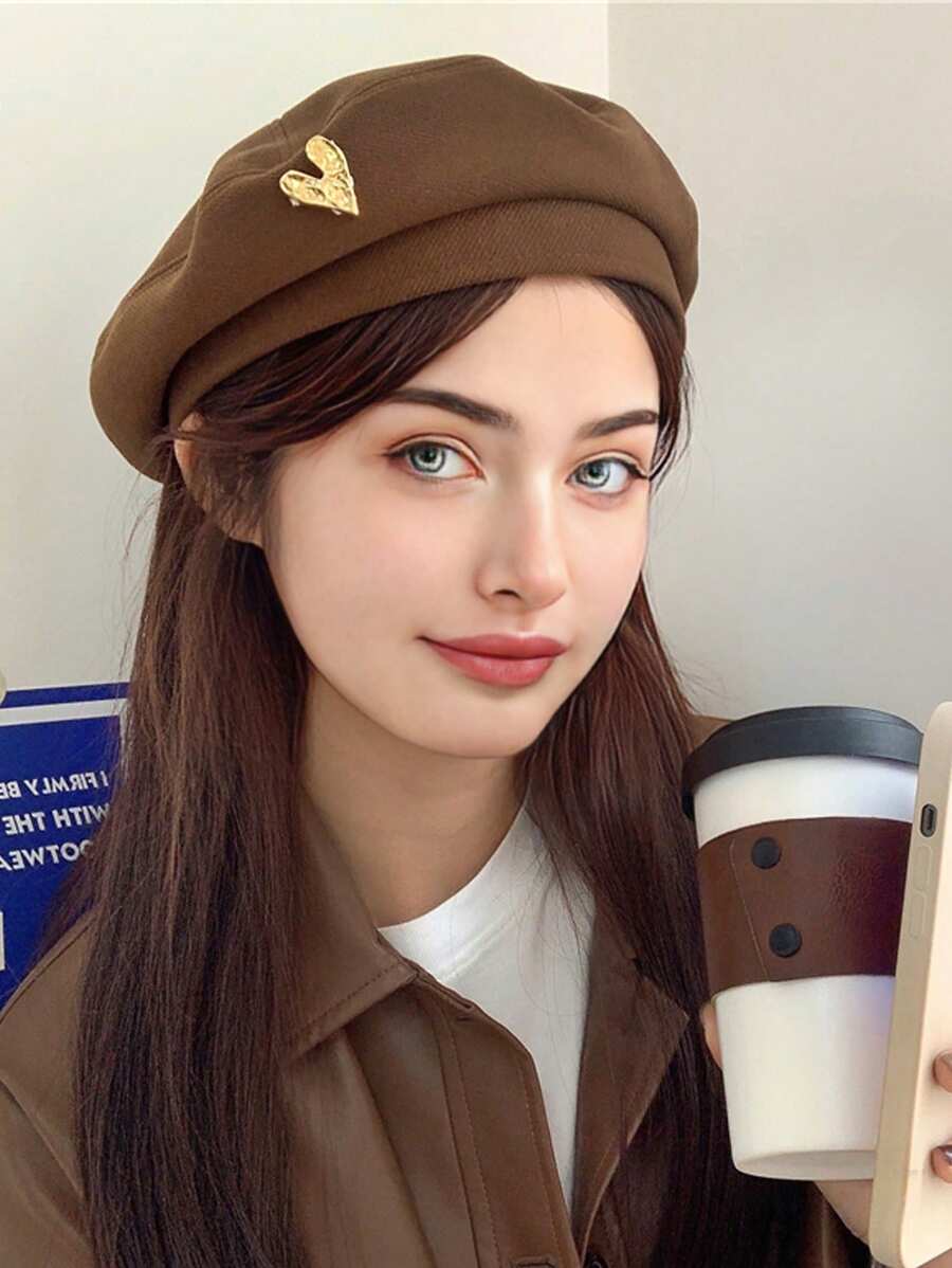 1 件女士复古休闲兔毛贝雷帽，经典英伦风格，金属标签，百搭海军帽，秋冬季，报童帽凸显脸部情人节