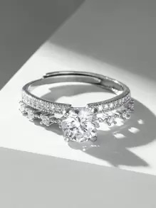 ESBERRY 1個6.5mm 鋯石四爪鑲嵌精美可調戒指,銀色白色精品珠寶婚禮禮物訂婚新娘珠寶 - 銀色 - 查看 4