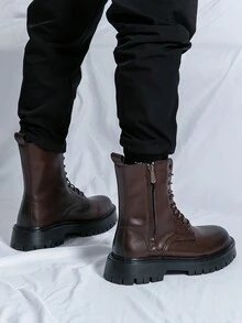 男士高筒鞋帶時尚英式棕色機車靴 - 棕色 - 查看 2