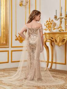 Tween Girls' Off Shoulder Sequin Decoration Mermaid Hem Dress