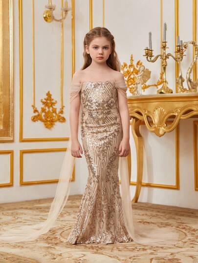 Tween Girls' Off Shoulder Sequin Decoration Mermaid Hem Dress
