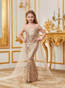 Tween Girls' Off Shoulder Sequin Decoration Mermaid Hem Dress