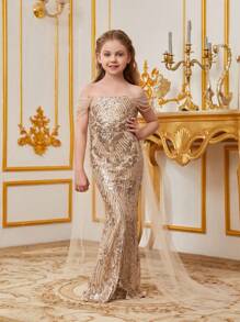Tween Girls' Off Shoulder Sequin Decoration Mermaid Hem Dress