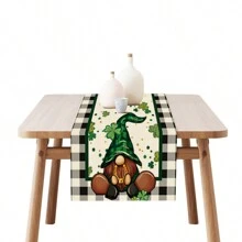1pc Square Linen Tablecloth With Clover & Gingham Pattern And Leprechaun Print For St. Patrick's Day Decoration - Multicolor - View 5