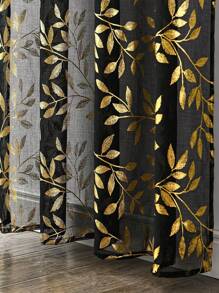 1入現代時尚黑色豪華金屬箔印花葡萄藤和葉紋網紗窗簾,適用於客廳、臥室、陽台 - 黑色 - 查看 5
