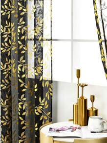 1入現代時尚黑色豪華金屬箔印花葡萄藤和葉紋網紗窗簾,適用於客廳、臥室、陽台 - 黑色 - 查看 4