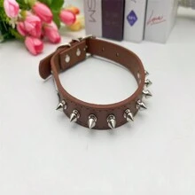 1pc Pu Material Studded Pet Collar, Punk Style Dog Collar Suitable For Medium & Large Dogs, Indoor/Outdoor Use - Coffee Brown - View 1