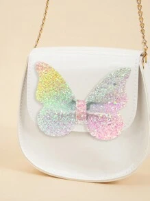 1pc Girls Cute Sparkly Butterfly Flap PU Crossbody Bag, Suitable For Everyday Use - White - View 3