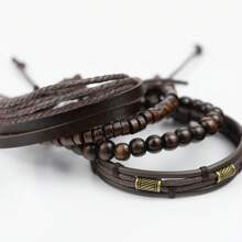 4件套复古风个性化皮革编织木珠多层手链，适合男士日常佩戴，也是节日礼物的理想之选。 - 棕色 - 查看 4