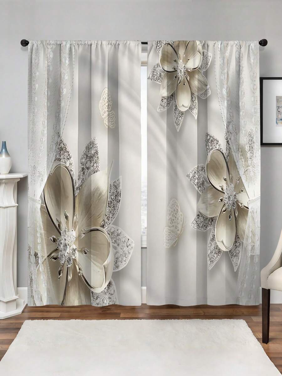 2pcs/Set New Modern Style Digital Print Window Curtains With Rod Pocket For Home Decoration - Multicolor - View 1