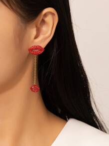 1對女性迷人的鑲嵌心形耳環,不對稱的嘴唇設計,多種風格,適用於情人節和日常穿搭 - 黑色 - 查看 2