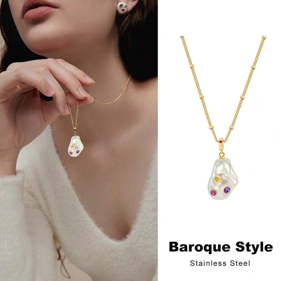 巴洛克珍珠和萊茵石裝飾不銹鋼吊墜項鍊,獨特且不常見的設計 - 1 - 查看 1