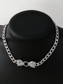 1pc Exquisite Fashionable Leopard Head Pendant Necklace With Rhinestone Detail - Yellow Gold - View 6