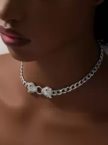 1pc Exquisite Fashionable Leopard Head Pendant Necklace With Rhinestone Detail - Yellow Gold - View 7