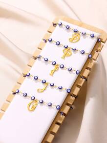 1pc Gold Stainless Steel Blue Evil Eye Initial A-Z Pendant Necklace Suitable For Women, Festival Gift