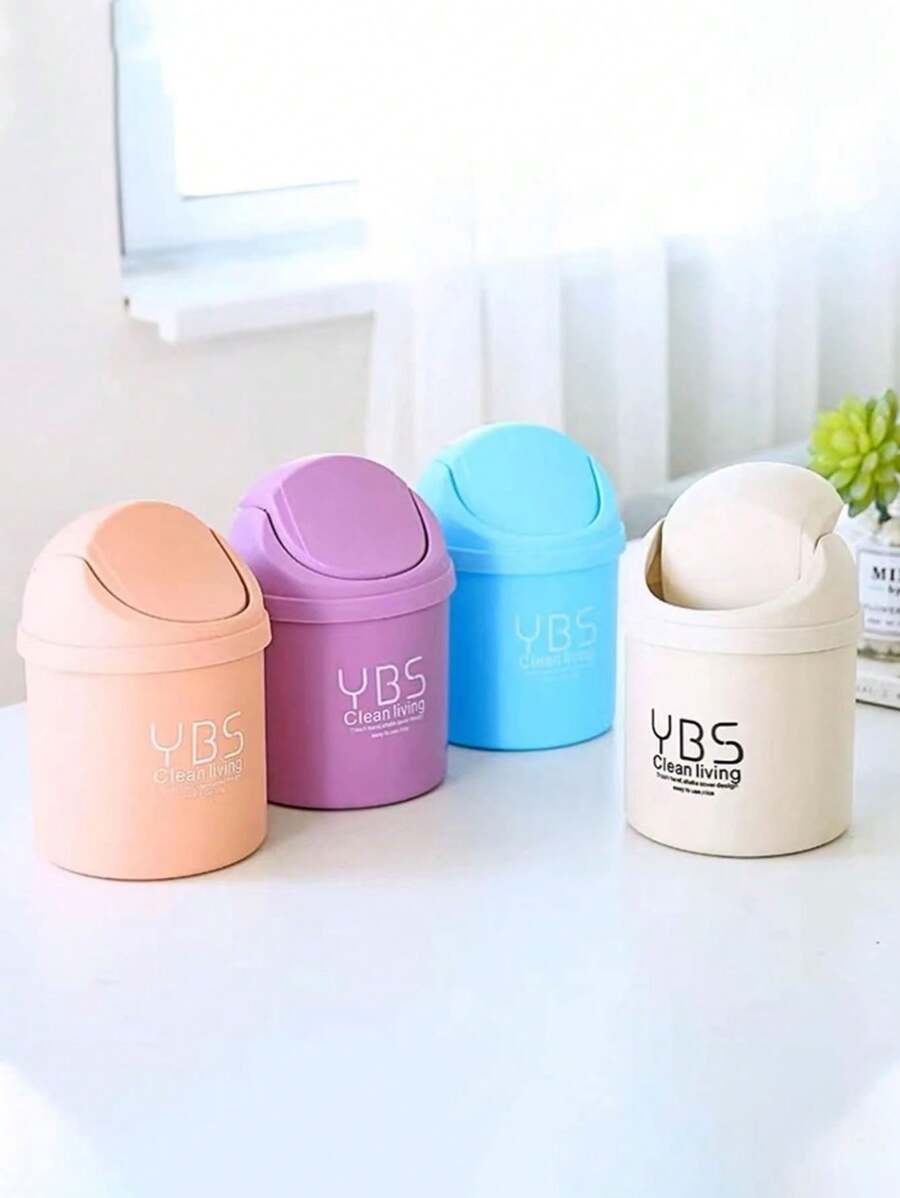1pc Mini Desk Bin With Lid Plastic Desktop Organizer Small Trash Can