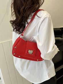 流行的金屬釘裝飾的休閒肩背包,心形 & 月牙形狀,女士通勤包 - 紅色 - 查看 4