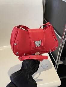 流行的金屬釘裝飾的休閒肩背包,心形 & 月牙形狀,女士通勤包 - 紅色 - 查看 9