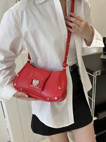 流行的金屬釘裝飾的休閒肩背包,心形 & 月牙形狀,女士通勤包 - 紅色 - 查看 5