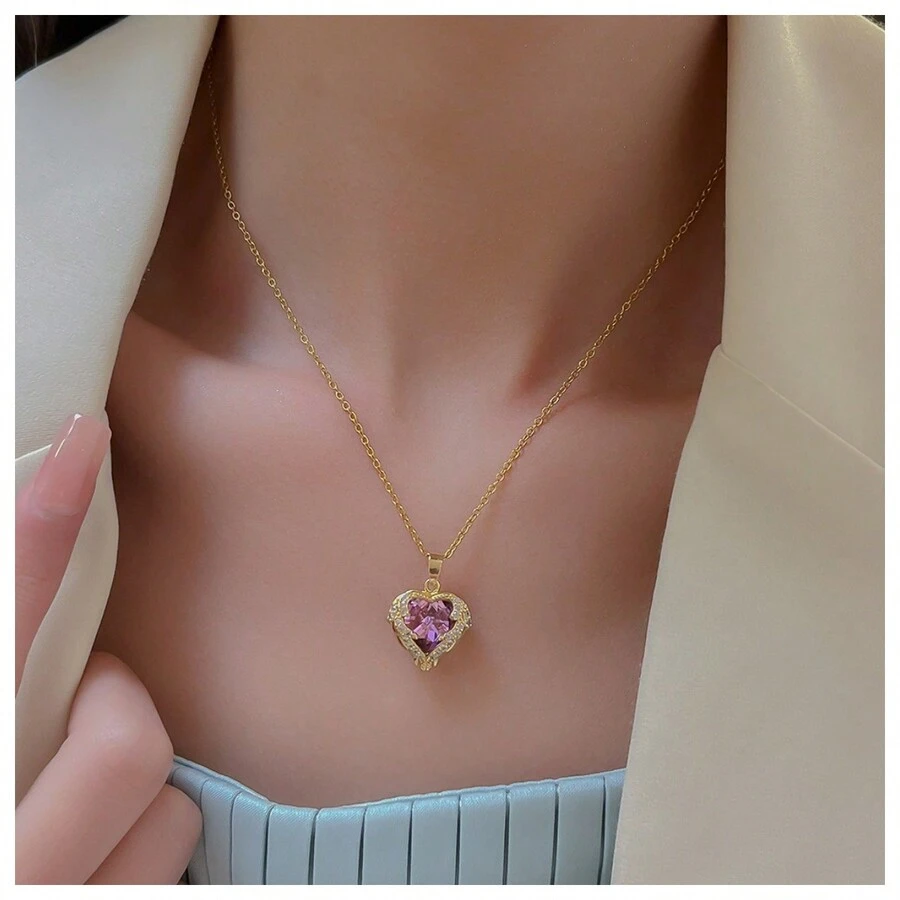 1套海洋風心形彩色立方氧化鋯鑽飾品套裝,包含項鍊和耳環 - 海洋之心 - 查看 1