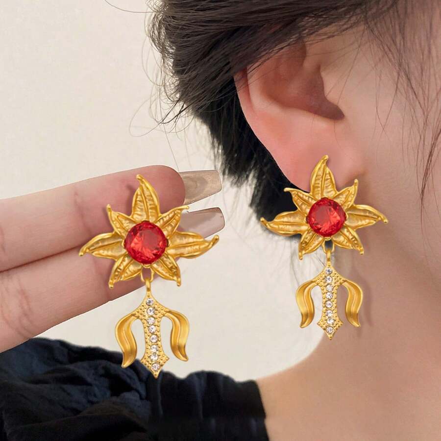 1 對復古宮廷風格向日葵形狀耳環,鑲嵌水鑽,打造優雅別緻的外觀 - 彩色 - 查看 1