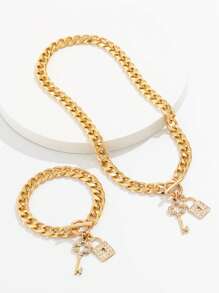 2pcs/Set Elegant Crystal Key & Lock Pendant Bracelet And Necklace Set Suitable For Women's Birthday Party