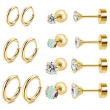 7對時尚金色不鏽鋼耳針套裝,適合男女日常佩戴,敏感耳針,平背耳針,經典金色耳環,無過敏手術不鏽鋼立體方形鋯石耳針,耳針,軟骨螺旋耳針 - 金色 - 查看 12