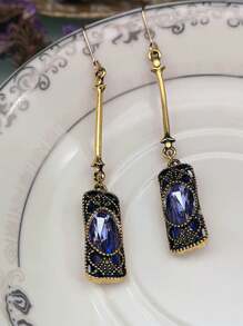 1對復古古銅色長款藍色水晶玻璃耳環 - 彩色 - 查看 2