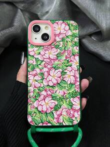 1pc Vintage Floral & Green Leaf Pattern Phone Case With 1pc Crossbody Shoulder Strap, 1pc Pink Lens Ring & 2pcs Hang Ropes & Tpu Soft Cover Compatible With Iphone 15pro Max/11/12/13/14plus - Multicolor - View 6