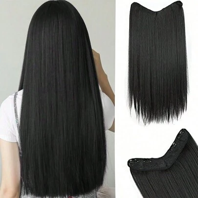 接发 黑色夹式接发 16~32 英寸直发黑色接发 合成 V 型接发 适合各种场合，包括音乐节、派对、角色扮演、节日和所有季节