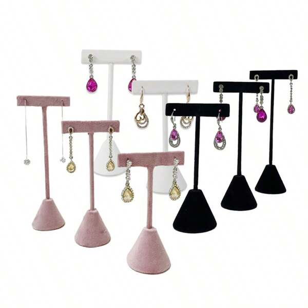 2Pcs/Lot Fashion Black Velvet Jewelry Display Rack Pink T Bar Earring Holder Stud Organizer Exhibition Showcase Stand