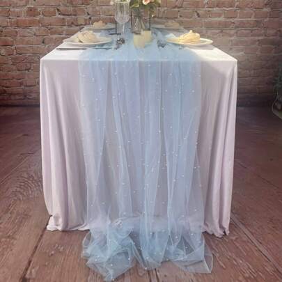 1pc Romantic Pearl Lace Table Runner, Wedding Arch Decoration, Bride Gift, Embroidery Ready, Transparent Wrinkle-Free White Table Cloth