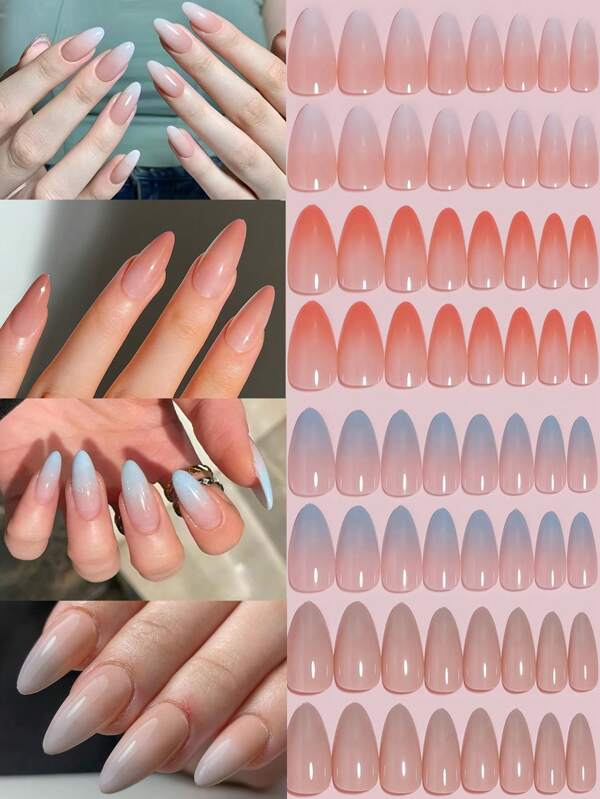 VV MEI JIA ER 96piece(White/Peach/Blue/Nude Gradient Air Press On Nails Medium Long Almond Nails, ABS Natural Fit Fake Nails With Glue Reusable Manicure Glue On Nails As Gifts For Women And Girls False Nails UV Cover Glossy 12Sizes Press On Nails & 1sheet Tape & 1pc Nail File (Gradient Color) Nail Supplies
