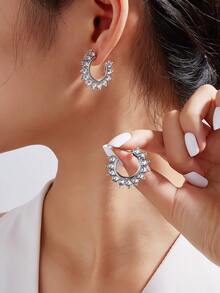 1 Par Pendientes De Aro Con Diseño De Remaches Incrustados En Diamantes De Imitación Estilo Hip-hop C - Plateado - Ver 1