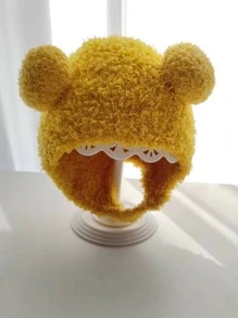 1 件裝嬰兒帽加厚保暖毛絨無簷小便帽針織護耳帽,韓國可愛秋冬嬰兒頭飾 - 黃色 - 查看 3