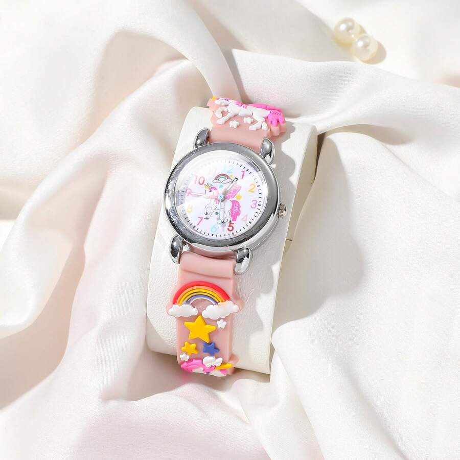 兒童手錶,可愛獨角獸圖案石英手錶,彩虹色運動錶帶,適合男孩和女孩 - 粉色 - 查看 1