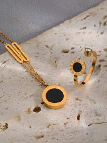 2入組/套時尚個性化不鏽鋼18k鍍金羅馬數字圓形吊墜項鍊和開口戒指,適合女性舞會、禮物贈送和日常穿戴 - 彩色 - 查看 8