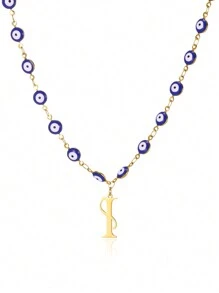 1pc Gold Stainless Steel Blue Evil Eye Initial A-Z Pendant Necklace Suitable For Women, Festival Gift