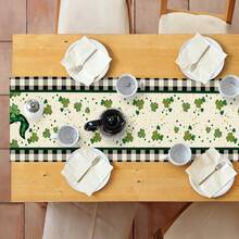 1pc Square Linen Tablecloth With Clover & Gingham Pattern And Leprechaun Print For St. Patrick's Day Decoration - Multicolor - View 4