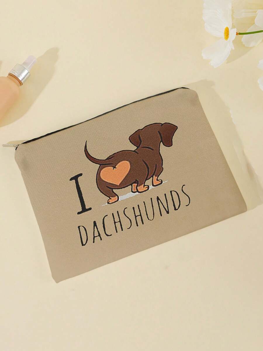 1入組女性背面小狗印花化妝包,具有便攜性、復古風格、多功能儲物袋 - 彩色 - 查看 1