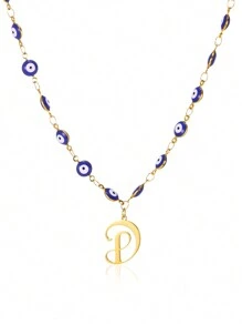 1pc Gold Stainless Steel Blue Evil Eye Initial A-Z Pendant Necklace Suitable For Women, Festival Gift