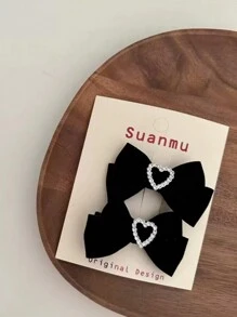 2 件裝兒童髮夾,帶有蝴蝶結和心形裝飾,適合女孩 - 黑色 - 查看 1