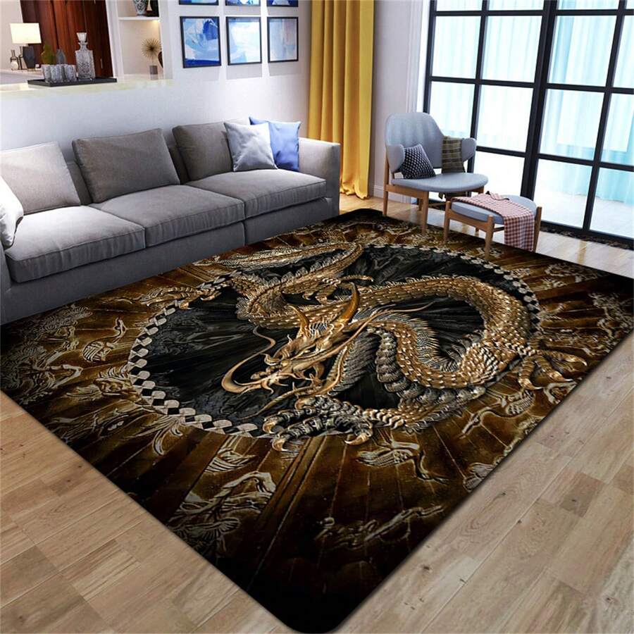 1 件中式復古客廳地毯、龍印花地毯、沙發咖啡桌地毯、家居軟區地毯青少年臥室裝飾墊 - 黑色 - 查看 1