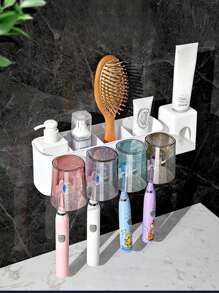 3 件套带玻璃杯的牙刷架套装，无需钻孔的壁挂式浴室收纳架，适合 2/3/4 人使用，包括牙刷架和牙膏分配器 - 牙刷架(附擠牙膏器) - 查看 5