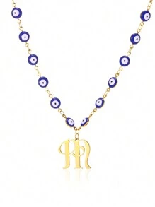 1pc Gold Stainless Steel Blue Evil Eye Initial A-Z Pendant Necklace Suitable For Women, Festival Gift