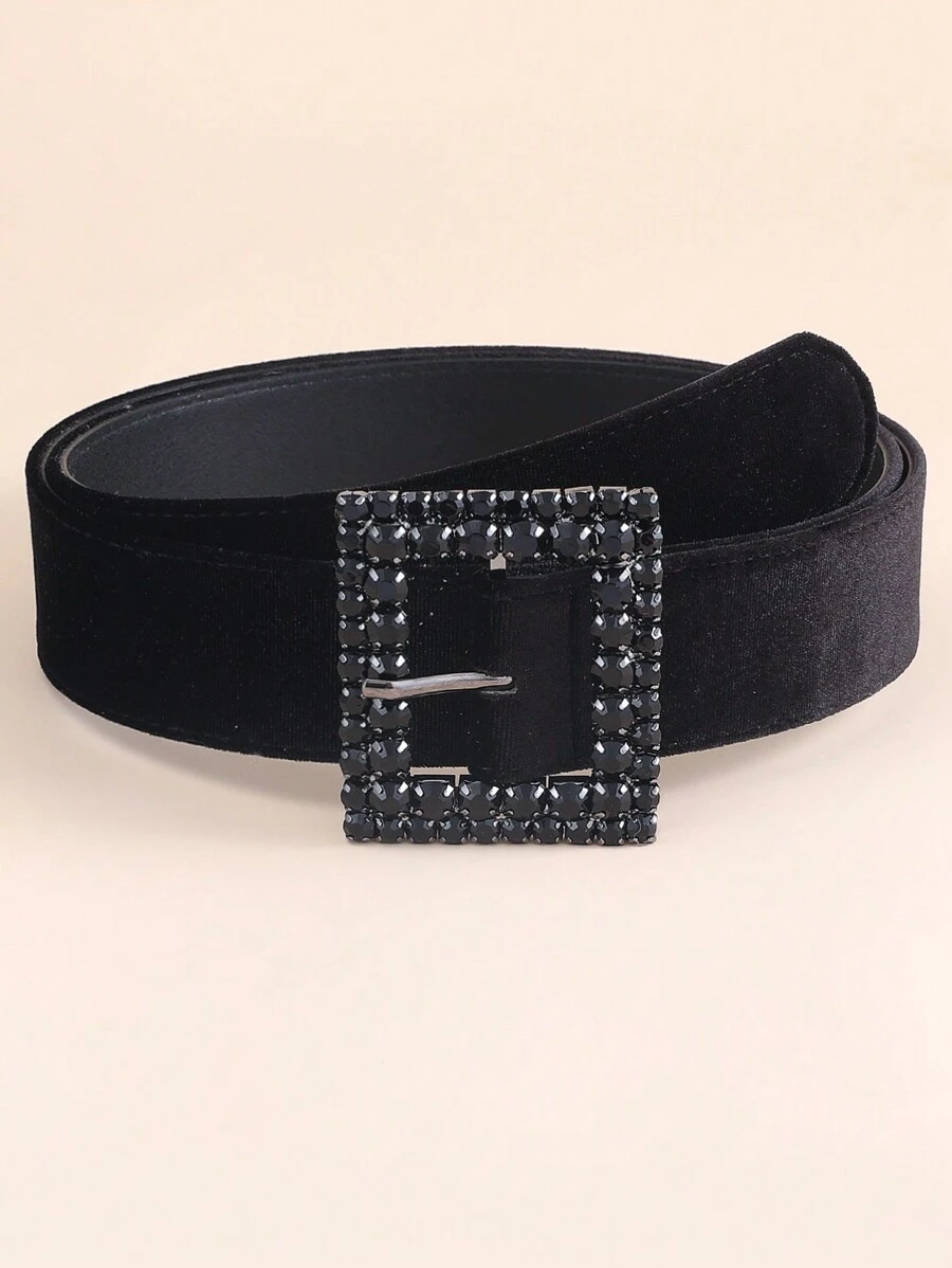 Fashionable Square Black Diamond & Velvet Waist Belt - Black - View 1
