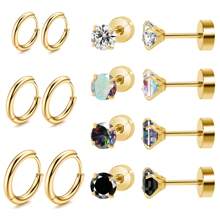 7對時尚金色和銀色不銹鋼耳環套裝,適合男女日常佩戴,經典銀色耳環、立體方形耳環、環型耳飾、花式軟骨耳環曲線、情侶禮物、女性禮物、朋友禮物、女友禮物 - 銀色耳環耳環套裝(黑色石頭) - 查看 15