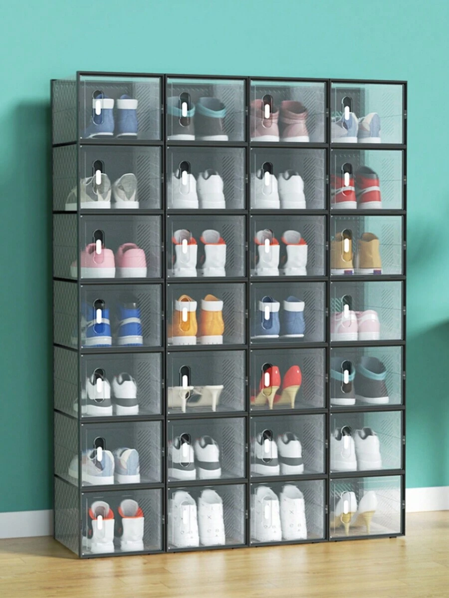 Shoe Box, Large Closet Shoe Storage Container Organizer With Lid, Transparent Plastic Stackable Sneaker Storage Bin, Shoe Rack Alternative - Black - View 1