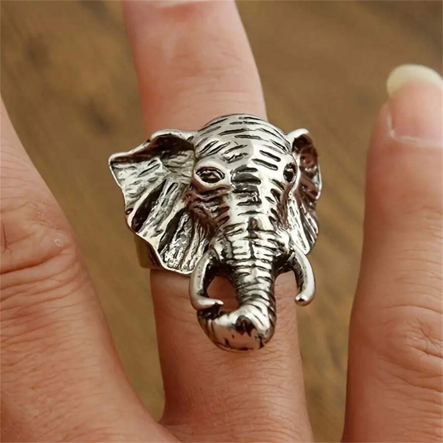 1pc Vintage Cool Animal Elephant Design Ring, Hip Hop Style Adjustable Ring For Teenagers - Elephant Ring - View 1