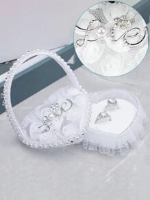 1 件结婚戒指枕、迷你花童手持心形戒指枕、爱心水晶镶嵌、求婚订婚戒指盒、花边蝴蝶结戒指架首饰盒